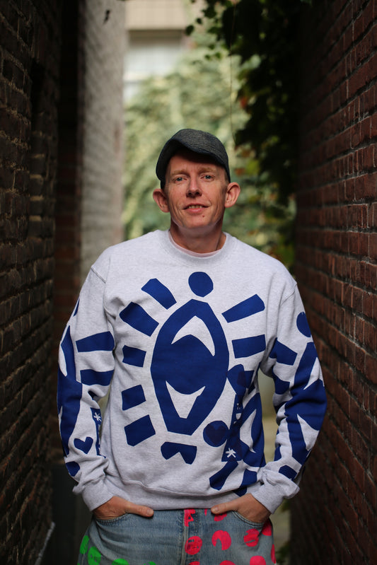 Art sweater "SPECIAL EYECATCHER BLUE" on grey melange