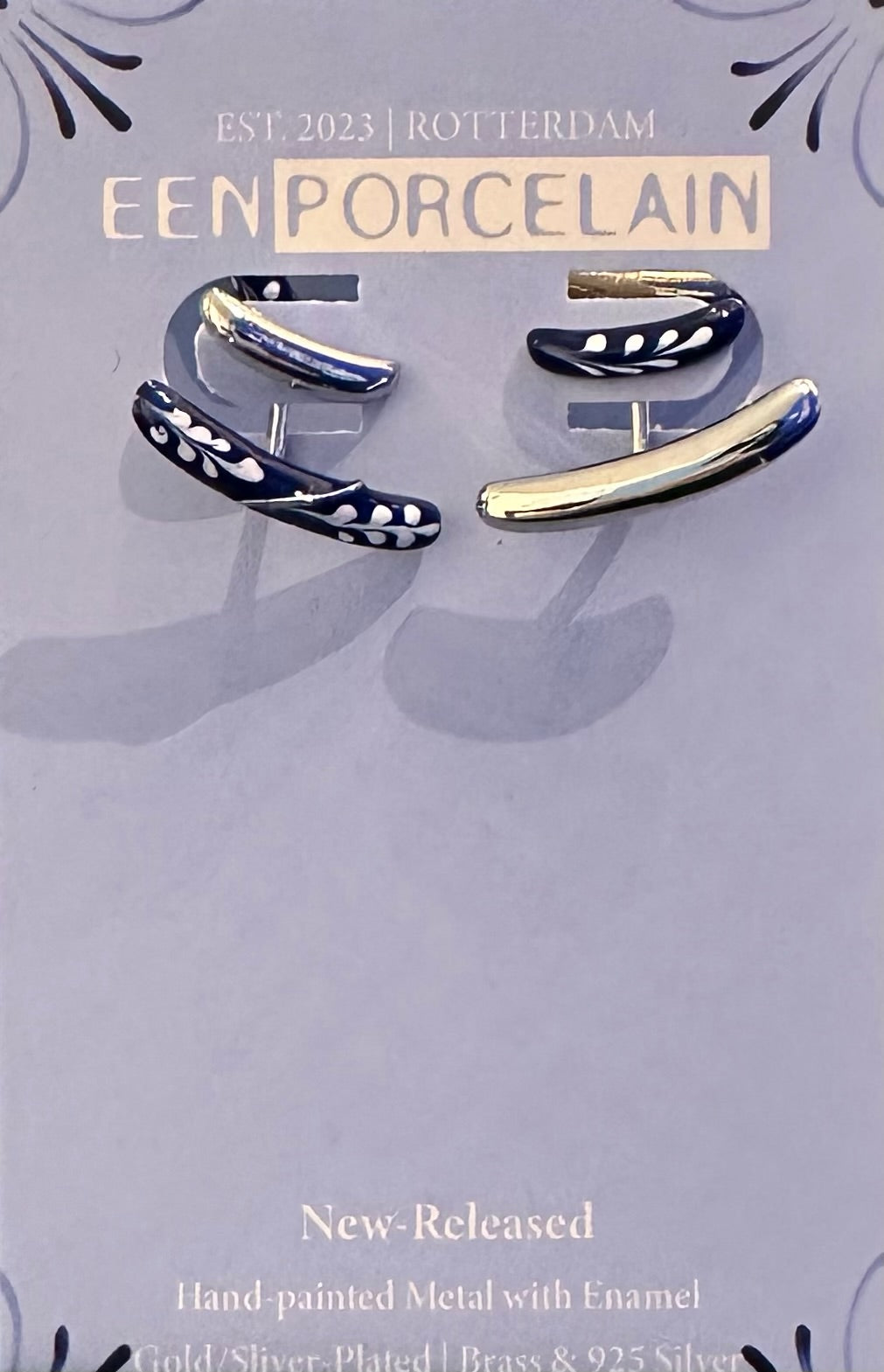Enamel Two Bar Earring - Blue Silver