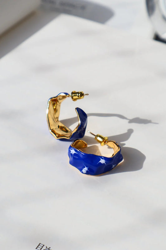 Blue Stellar Tide Earrings: Unique Hand-Painted Enamel Hoops (White-Golden)