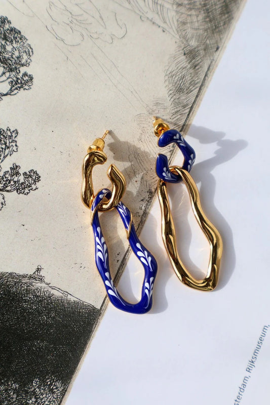 Blue Gold 2-in-1: Long & Short Design Enamel Earrings (White-Golden)
