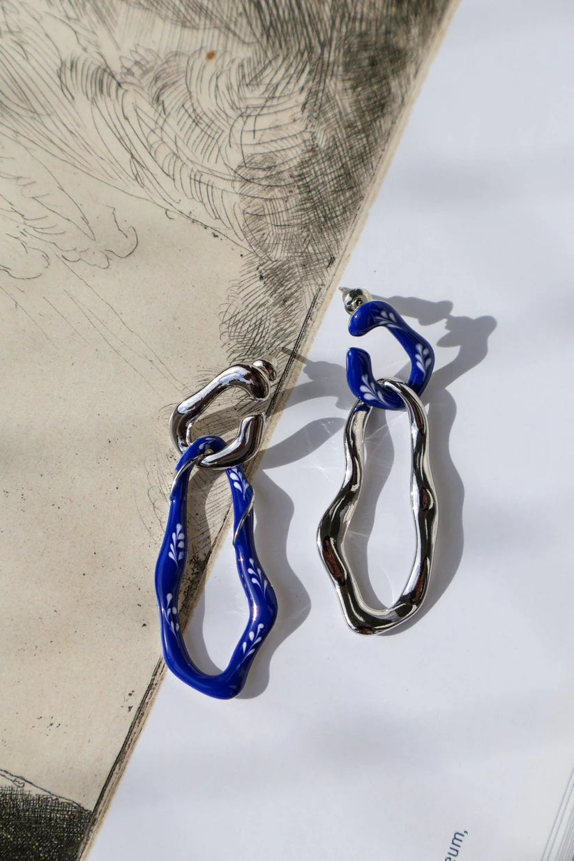 Blue Silver 2-in-1: Long & Short Design Enamel Earrings (White-Golden)