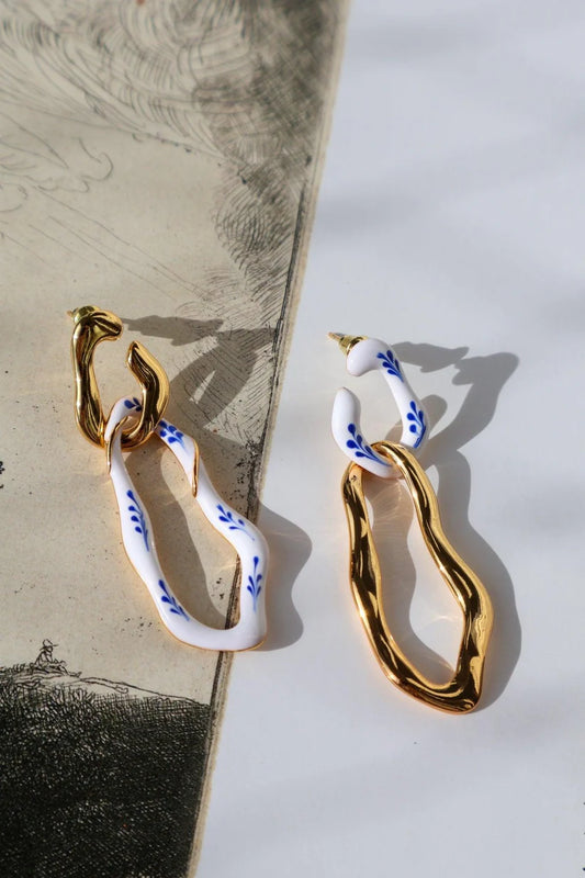 Ivory Gold 2-in-1: Long & Short Design Enamel Earrings (White-Golden)